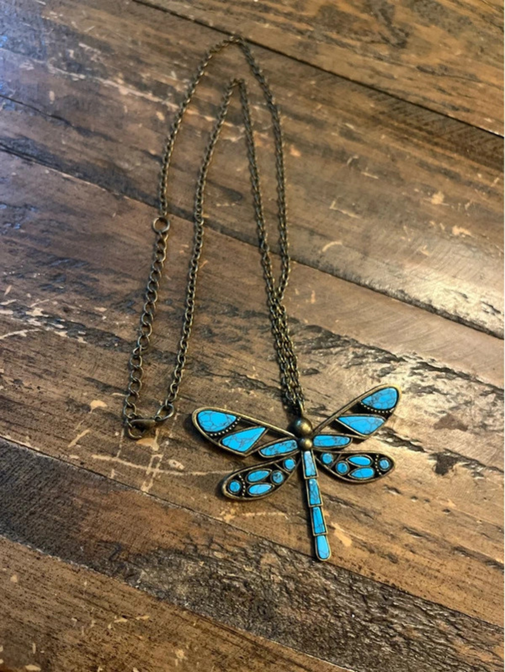 0055 "Flying Low" Brass & Faux Turquoise Dragonfly Long Statement Necklace
